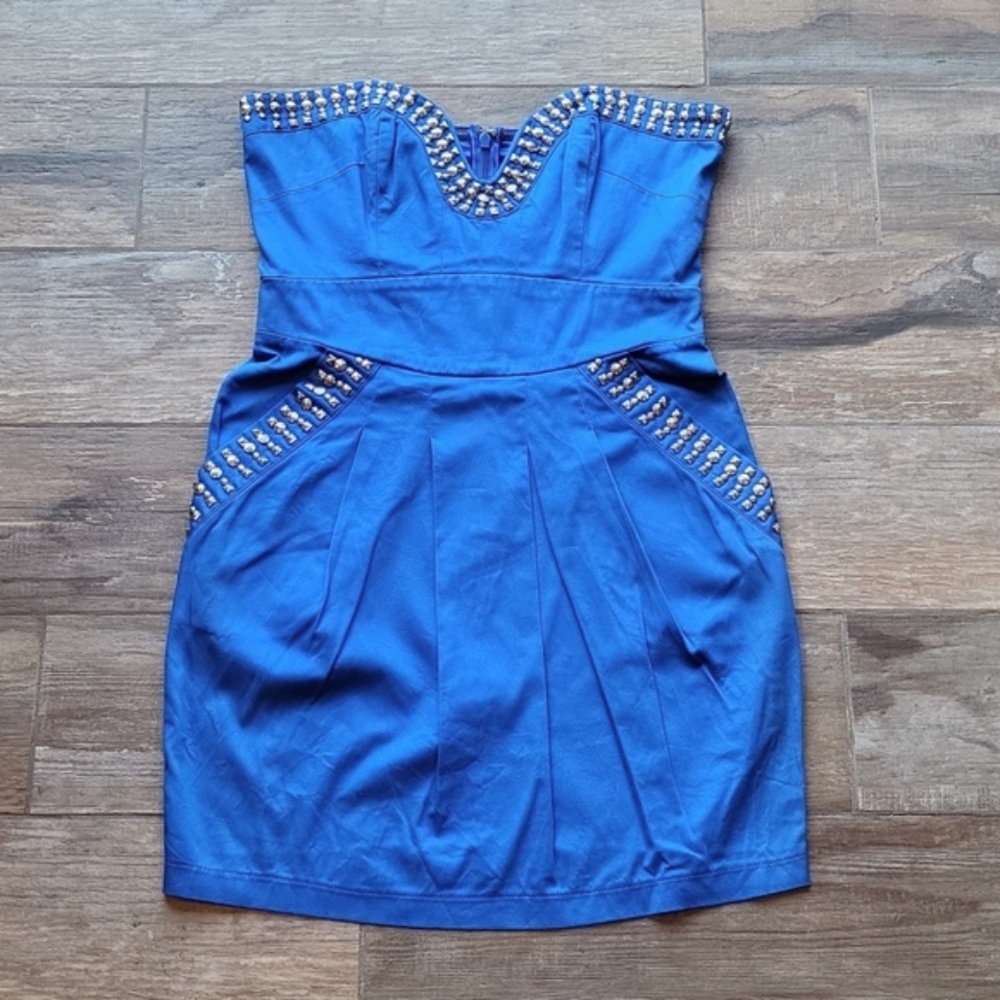 Lipsy London Royal Blue Silver Studded Strapless Mini Dress w/ Pockets, Size 4